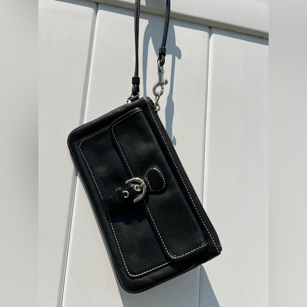 Vintage Coach Soho Black Leather Wristlet With Buckle Pocket and Wrist Strap